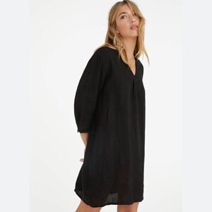 Sunday Atelier Caftan Coverup Dress Black Slub 100% cotton Pockets Coastal Small